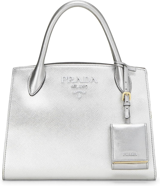 Pre-Loved Silver Saffiano Leather Monochrome Bag Small, Silver